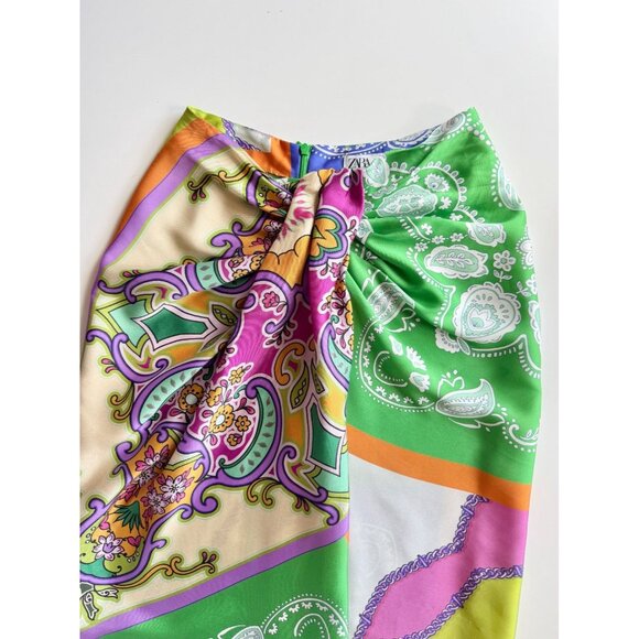 ZARA Patchwork Scarf Print Satin Twill Knotted Maxi Pareo Sarong Skirt, Size XS - Picture 7 of 14